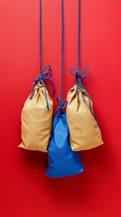 Poster - three colorful bags hanging against a red background