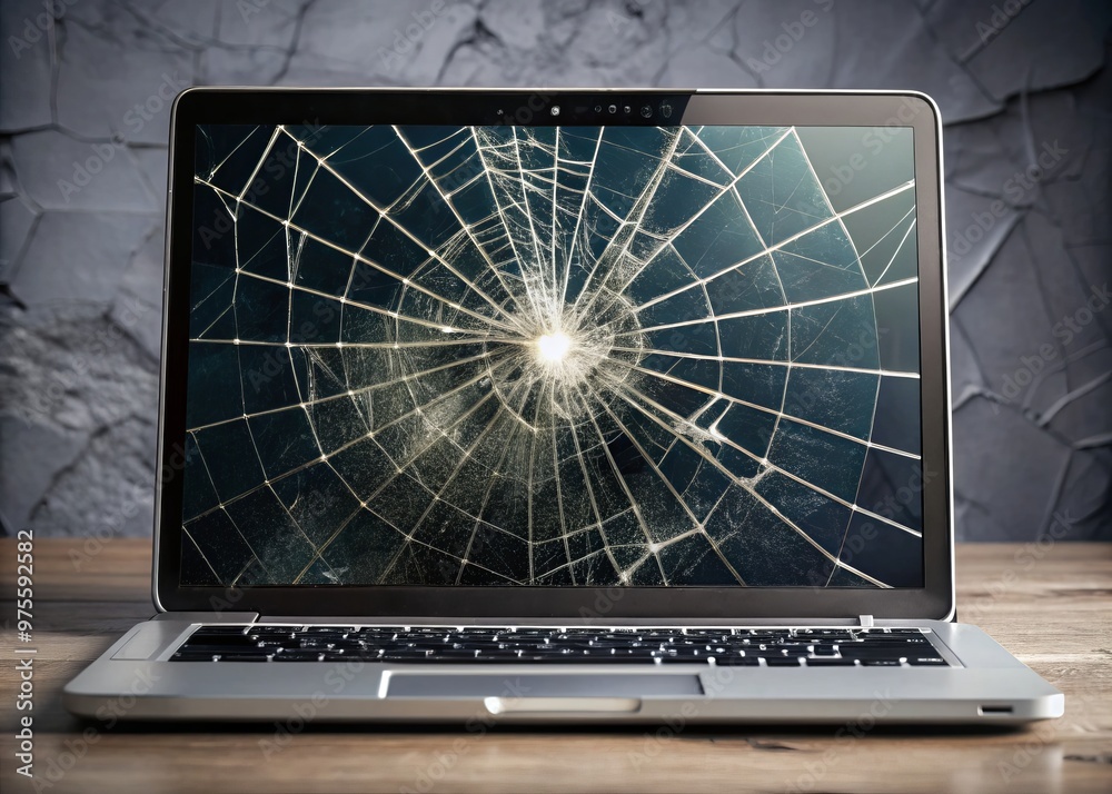 A damaged laptop computer screen displays a spider web pattern of ...