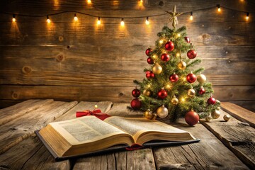 A decorated Christmas tree shines brightly in the background as a worn, open Bible displays a comforting holiday message on a rustic wooden table.