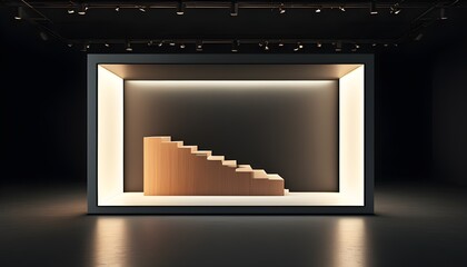 Sleek illuminated platform in minimalist studio with dramatic lighting and dark backdrop for creative product showcases and captivating performances