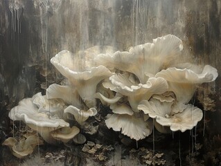 Wall Mural - Close Up of Delicate White Mushrooms in a Dark Forest Setting