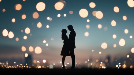 A silhouette of a couple dancing beneath a firework display, creating a romantic and festive image.