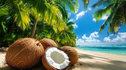 A coconut farm with ripe coconuts hanging from the trees, ready for harvest, highlights the importance of coconut farming in tropical regions.