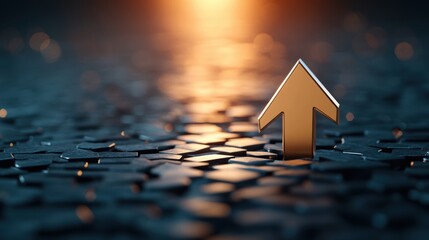 Poster - a metallic 3d arrow pointing upwards, against a dark, modern background, emphasizing technology and 