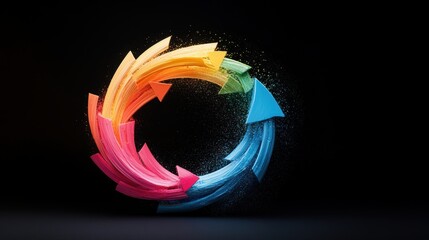 Poster - A set of curved arrows flowing around a central point, symbolizing a dynamic process or change, on a black background.