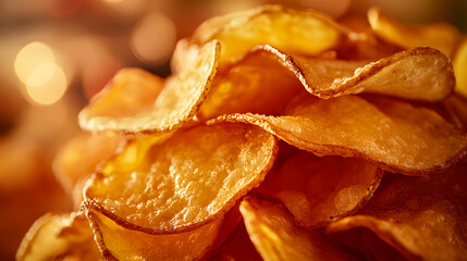 pile of perfectly fried potato chips, stacked high, with their golden, crunchy edges glistening