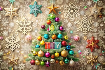 A festive, decorative Christmas tree constructed from colorful typography, surrounded by small ornaments, and set against a soft, snowflake-patterned background, evoking joy and holiday spirit.