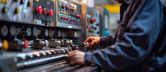 Close up of an audio mixer console with multiple knobs dials and controls for professional sound recording engineering and music production in a recording studio or entertainment industry workplace