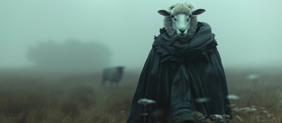 Hooded sheep like creature enveloped in an eerie atmospheric mist over a haunting mystical landscape  The scene evokes a sense of fantasy mystery and the supernatural