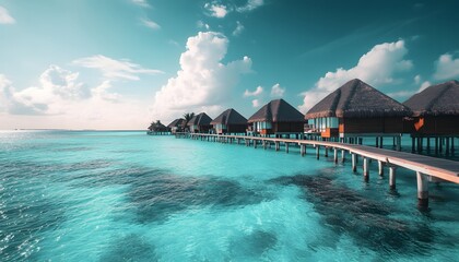 Wall Mural - Overwater bungalows embracing the azure ocean, a tropical paradise of tranquility and luxury. The concept of travel, vacation, relaxation.