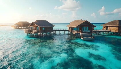 Wall Mural - Overwater bungalows embracing the azure ocean, a tropical paradise of tranquility and luxury. The concept of travel, vacation, relaxation.