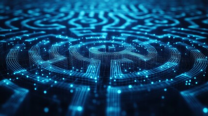 Fototapete - A mesmerizing blue digital maze pattern formed by glowing data points, evoking a sense of technological depth and complexity.