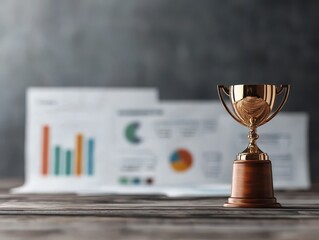 A gold trophy stands in front of colorful graphs and charts, symbolizing achievement and success in a professional setting.