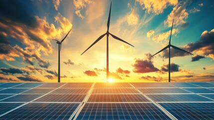 Technology in renewable energy, highlighting solar panels, wind turbines, and innovative solutions for sustainable power generation.