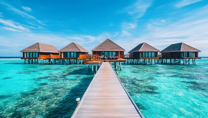 Wall Mural - Overwater bungalows embracing the azure ocean, a tropical paradise of tranquility and luxury. The concept of travel, vacation, relaxation.