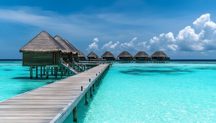 Wall Mural - Overwater bungalows embracing the azure ocean, a tropical paradise of tranquility and luxury. The concept of travel, vacation, relaxation.