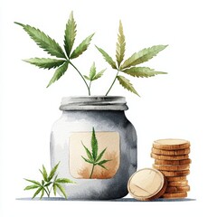 A stylish jar with cannabis leaves and coins symbolizes the growing industry of cannabis and its potential for investment.