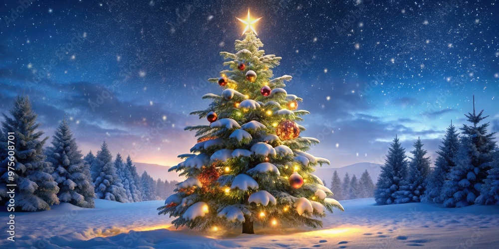 A majestic, snow-covered Christmas tree adorned with twinkling lights ...