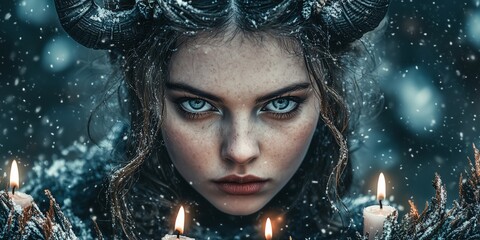 Wall Mural - Woman with floral crown with antlers, surrounded by glowing candles. Dark fantasy portrait. Pagan New Year celebration concept. Image for event poster and holiday greeting card.