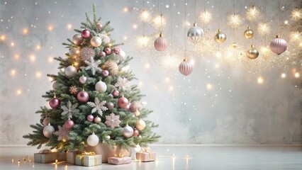 A majestic Christmas tree adorned with soft pink ornaments, sparkling garlands, and delicate snowflakes, set against a serene white background with subtle holiday lighting.