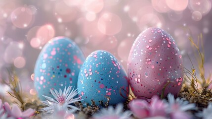 Three Easter eggs, one pink and two blue, decorated with glitter, sit in a nest of green grass and white and pink flowers, with a blurred background of pink and white bokeh.