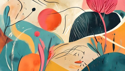 Trendy Hand-Drawn Illustration Featuring Abstract Shapes, Lines, and Textures in a Contemporary Style