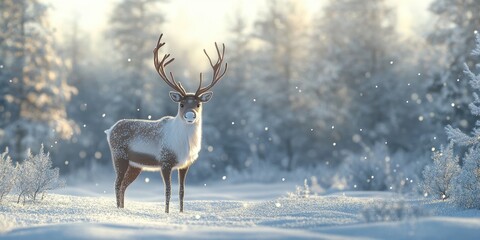 A reindeer standing in a snowy forest 