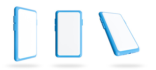 Wall Mural - empty blue smart phone, cell phone, mobile, isolated on white background,cartoon style, 3d render