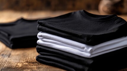 Sophisticated mockup of folded black and white square t-shirts, with a focus on the organized stack and textile details