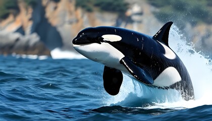 Wall Mural - Majestic killer whale leaping gracefully over vibrant blue ocean waves