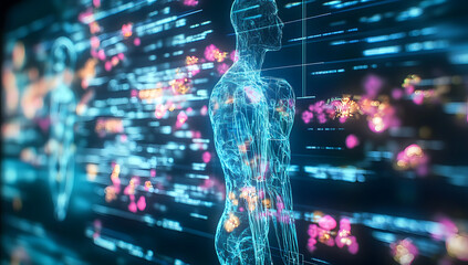 Hologram projection on a digital screen with different data and parameters.