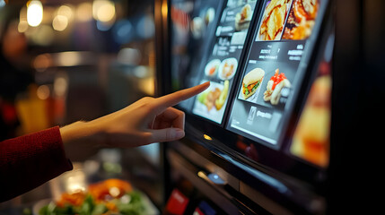 Poster - a customer's hand touches a touch screen to order food and pay electronically