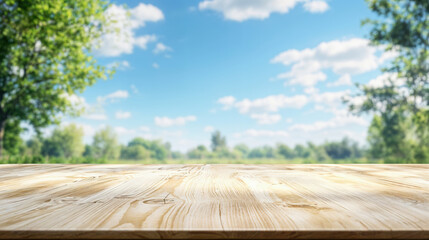 Empty wooden tabletop with blurred green park background