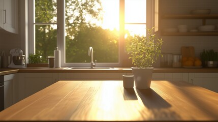 Wall Mural - Brown wooden table on kitchen room with blurred window sunset light home interior