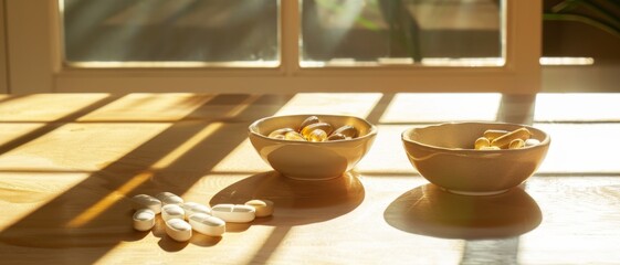 Sunlight illuminates a table with two wooden bowls filled with various vitamins and supplements, highlighting a focus on health and wellness.