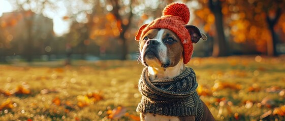 A dog in an autumn park dons a red knit hat and gray scarf, sitting among fallen leaves and enjoying the golden sunlight.