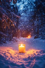 Wall Mural - Glowing lantern in snowy forest at dusk. Pagan new year celebration concept. Image for winter solstice holiday greeting card, spiritual retreat poster. Banner with copy space.