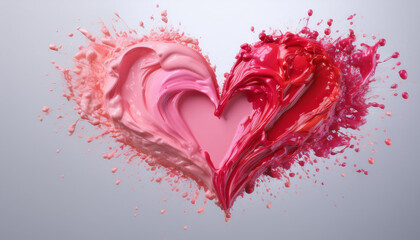 Abstract heart made of red and pink paint splashes on clean background.