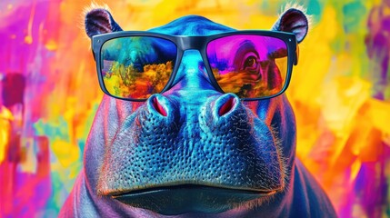 Vibrant hippopotamus with oversized sunglasses, against a lively and colorful backdrop for a playful effect