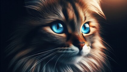 a closeup photograph of a cat's face,highly detailed fur texture,striking blue eyes with depth and d