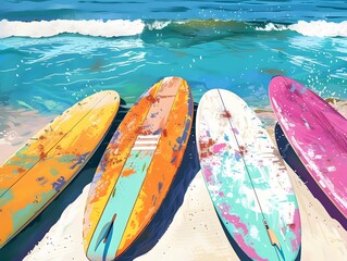 Vibrant hues of surfboards against ocean blue, coastal adventure palette.