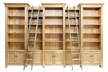 Elegant maple wooden bookshelves with ladders, isolated on a transparent or white background.