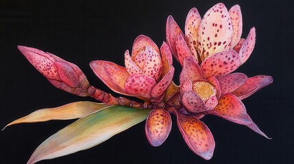 Detailed botanical drawing of tropical flower on black background