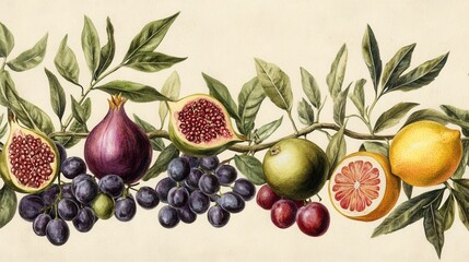 Wall Mural - Detailed exotic fruits watercolor illustration on light background