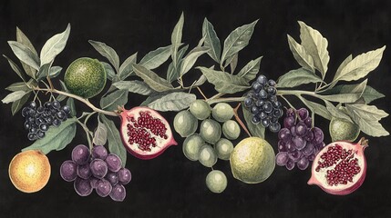 Detailed exotic fruits watercolor illustration on dark background