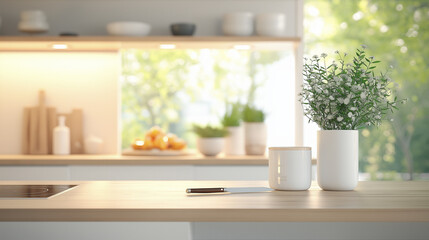 Wall Mural - Germany's exquisite and simple kitchen, with knife rest on the kitchen stove and Chinese dishes on the table.