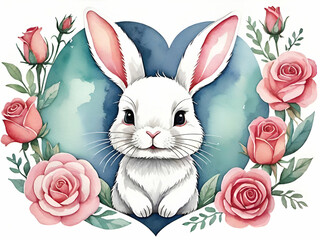 Wall Mural - Cute white rabbit with pink roses For Valentine's Day or a wedding