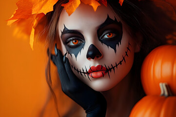 Canvas Print - Putting on holiday helloween makeup on a creepy orange background.