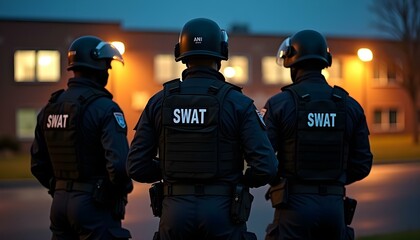 Swat team officers standing in front of a school at night