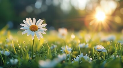Poster - Daisy flower in the grass green field. Beautiful daisy flowers in nature. Generative AI.